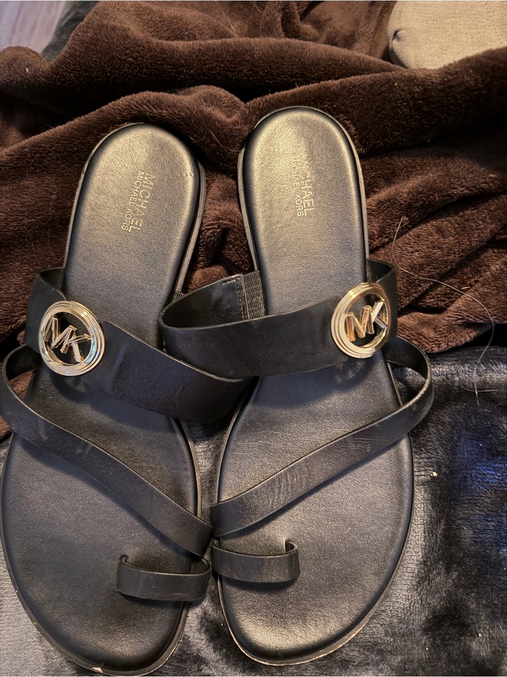 Michael Kors Black Slide Sandals with Gold MK Emblems